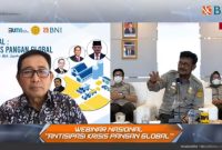 JAKARTA -- Menteri Pertanian Syahrul Yasin Limpo dan Direktur Hubungan Kelembagaan BNI Sis Apik Wijayanto Webinar Nasional: Antisipasi Krisis Pangan Global BNI Corpu, Kamis (21/7/2022).  BNI berkomitmen memberikan perhatian khusus pada ketahanan pangan dengan terus mendorong fasilitas pembiayaan yang berkelanjutan terutama di sektor pertanian.Foto Dok BNI