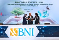 JAKARTA -- Direktur Utama BNI Royke Tumilaar (tengah), Wakil Direktur Utama BNI Adi Sulistyowati (kiri), dan Direktur Keuangan BNI Novita Widya Anggraini dalam paparan public expose BNI Semester I 2022, di Jakarta, Jumat (29/7/2022).  BNI membukukan tren kinerja dan ekspansi yang solid pada kuartal kedua tahun ini. Pencapaian tersebut diiringi pula dengan upaya memperkuat green portfolio dan implementasi prinsip-prinsip keberlanjutan atau ESG dalam setiap aspek bisnis perusahaan. Laba bersih BNI Semester I tahun 2022 ini tercatat mencapai Rp 8,8 triliun, atau tumbuh 75,1% secara tahunan atau year-on-year.Foto Dok BNI