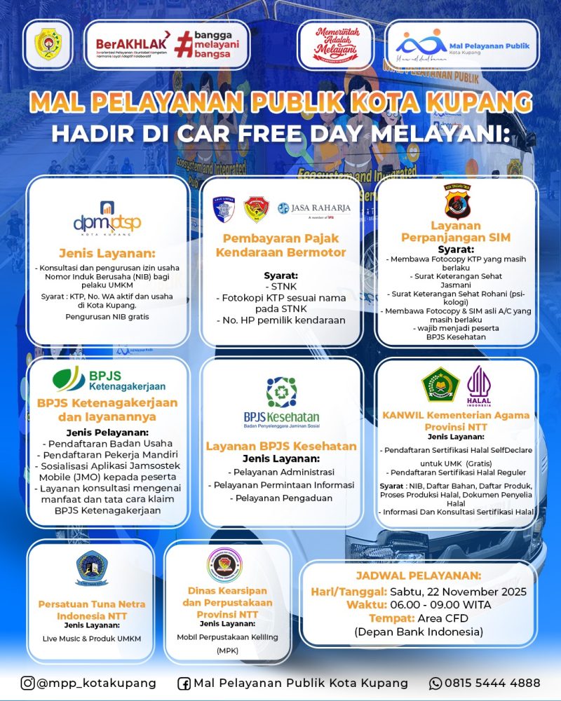 Layanan Mall Pelayanan Publik (MPP) Kota Kupang hadir di arena Car Free Day yang digelar secara rutin setiap hari Sabtu. 
