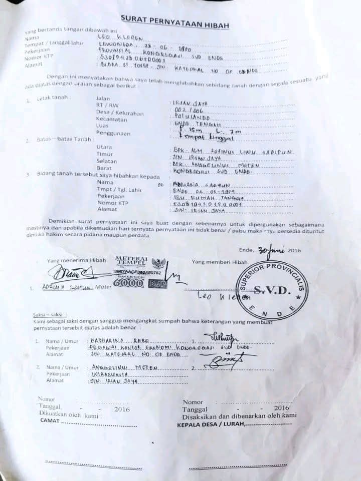 Dokumen Surat Pernyataan Hibah tertanggal 30 Juni 2016 lengkap dengan tanda tangan Pater Leo Kleden, SVD dan dikukuhkan dengan meterai 600 dan cap resmi Superior Provincialis SVD Ende. 